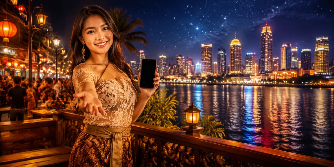 Suasana pasar malam dengan orang-orang yang aktif menggunakan ponsel untuk mendaftar akun