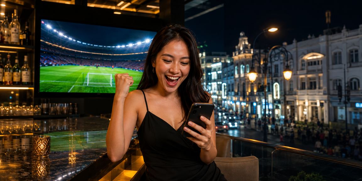 Model berpose elegan di depan latar kasino premium, melambangkan eksklusivitas High Roller