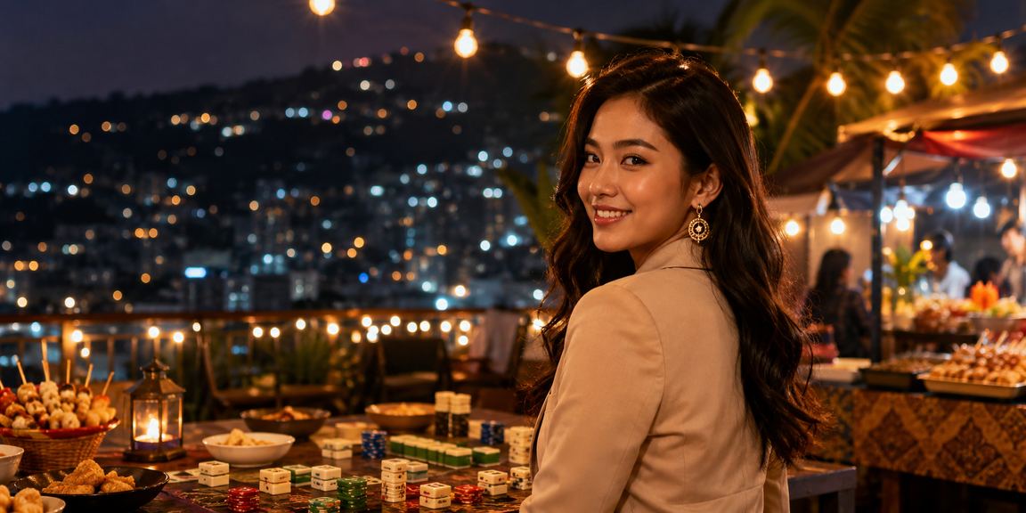 Permainan kartu di tepi pantai tropis, menggambarkan suasana eksklusif High Roller pahlawan4d