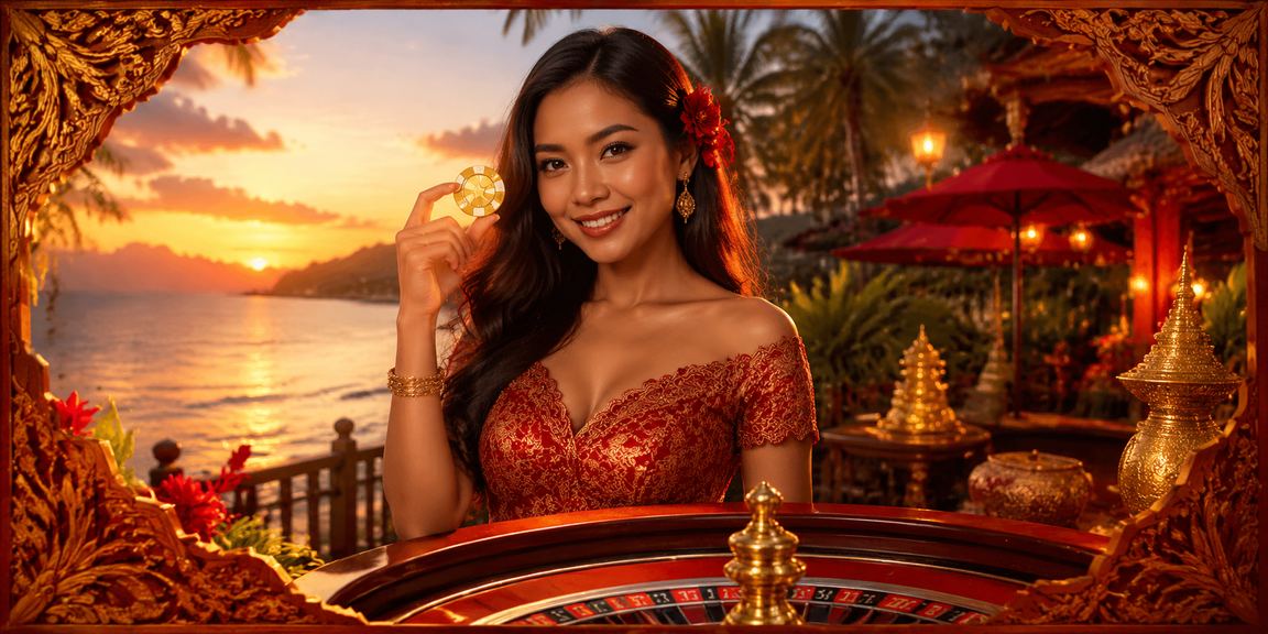 Meja roulette kasino dengan suasana pantai tropis yang cerah dan modern